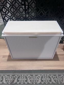White Narrow Shoe Bench with Padded Seat Cushion and Flip-Drawer