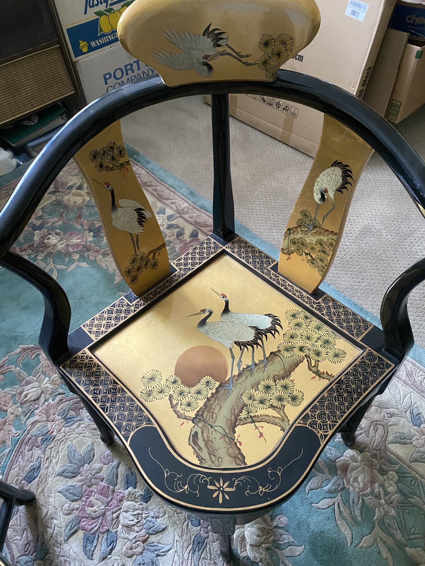 Japanese Hand Painted Lacquer Corner Chairs.