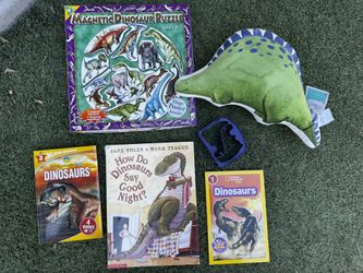 Set of kids dinosaur items - books and toys