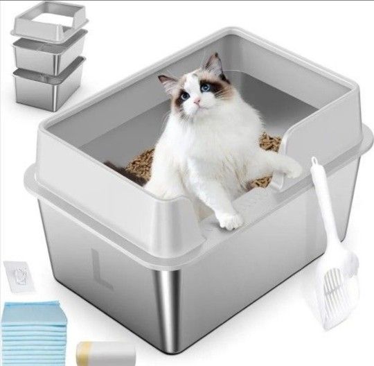 Zuqqony Stainless Steel Cat Litter Box with Lid, L High Sided Metal Sifting Litter Box for Pine Pellets, Enclosed Sifting Box for Small Cats, Anti-Lea