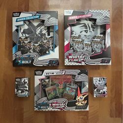 For trade: Pokemon Black Bolt White Flare Booster Bundles, Binder Collections, Victini Illustration Collection