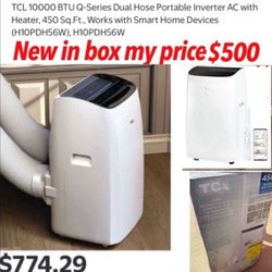 New in box TCL 10000 BTU Q-Series Dual Hose Portable Inverter AC with Heater, 450 Sq.Ft., Works with Smart Home Devices (H10PDH56W), $500 cash only pi