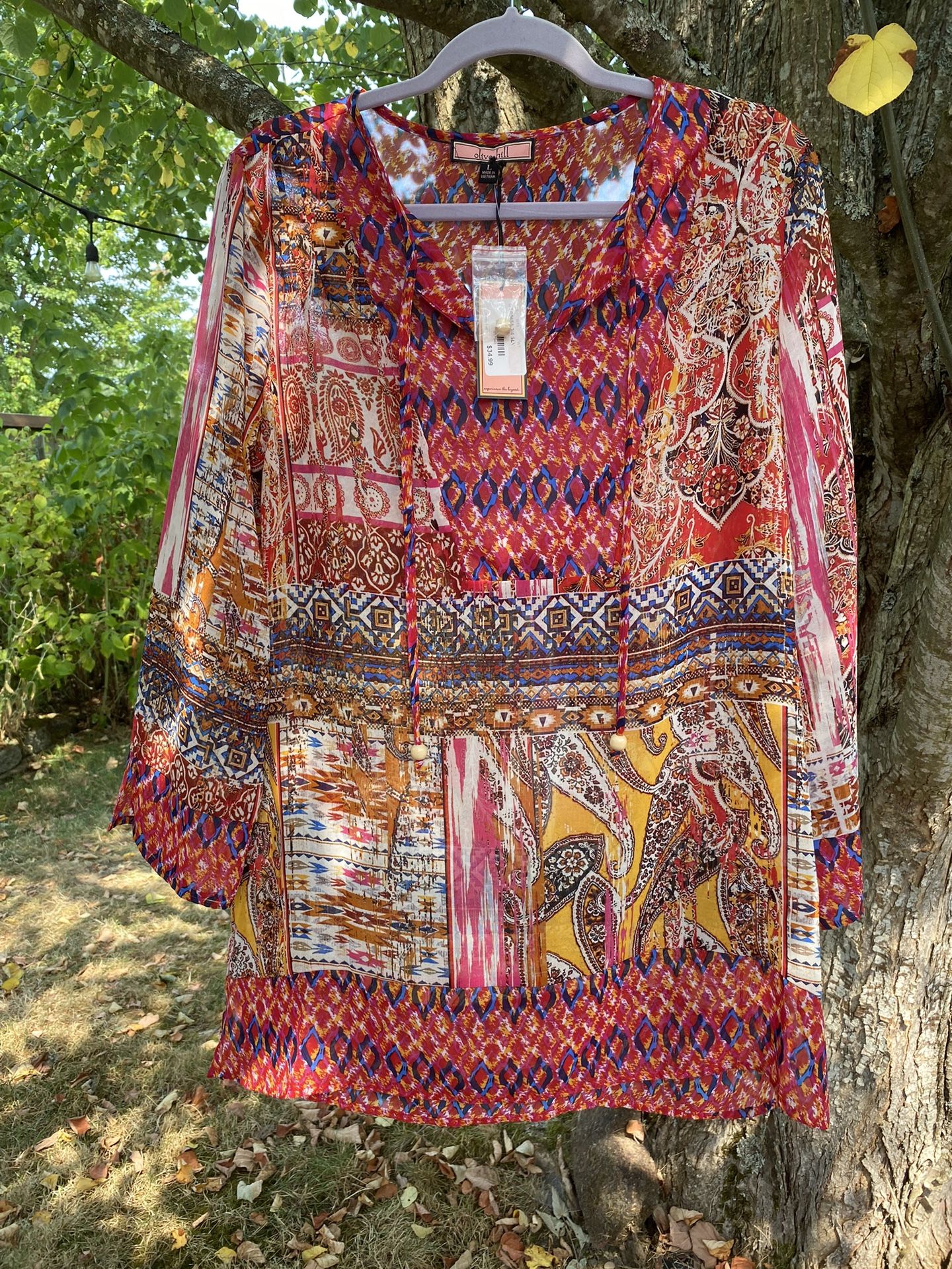 NWT Olive Hill Women's L Sheer Tunic Blouse Top Multicolor