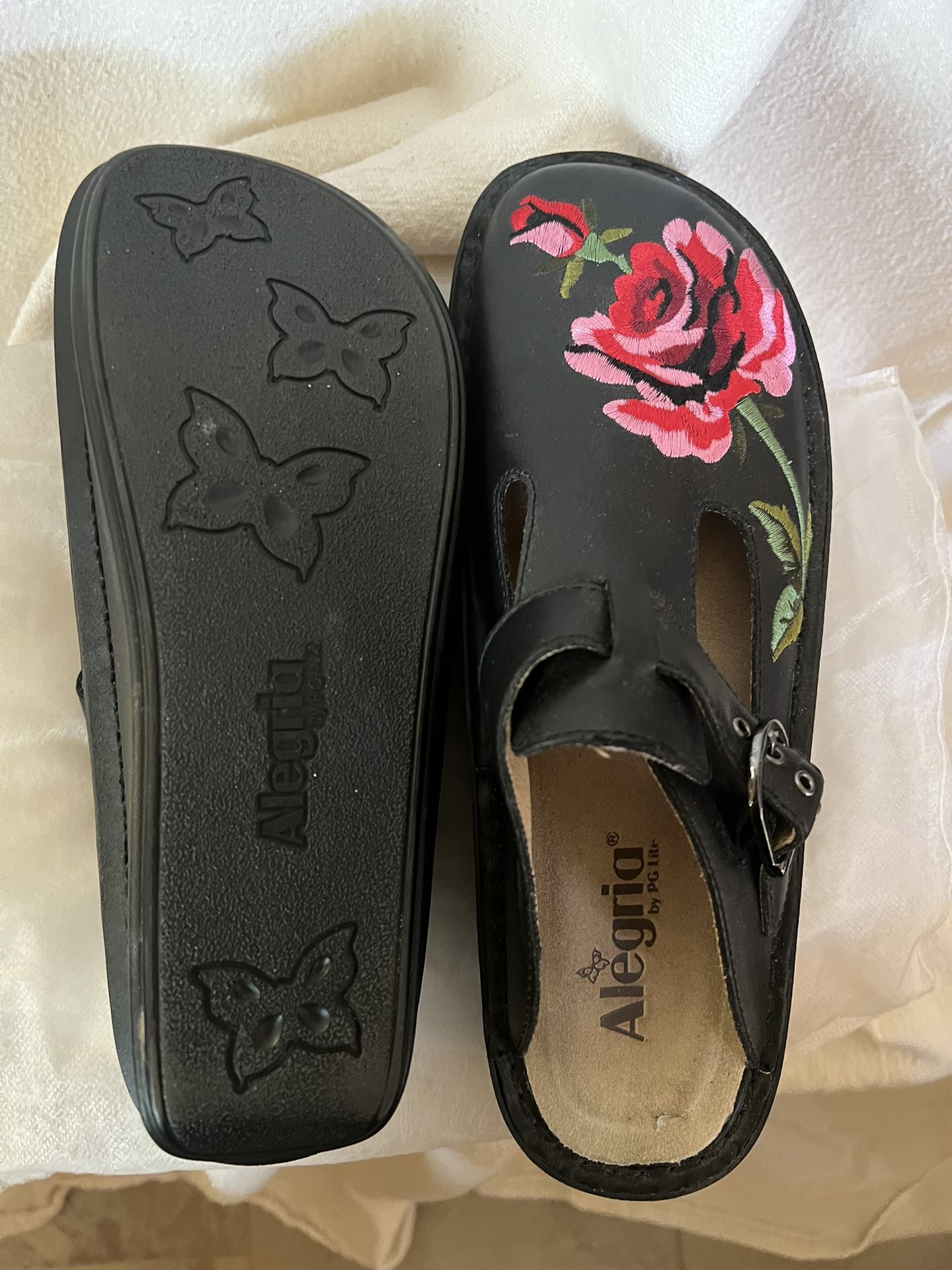 Alegria by PG Lite - black with embroidered red/pink roses. Still in bags