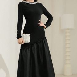 Pearls Beaded Ruffle Hem A Line Dress