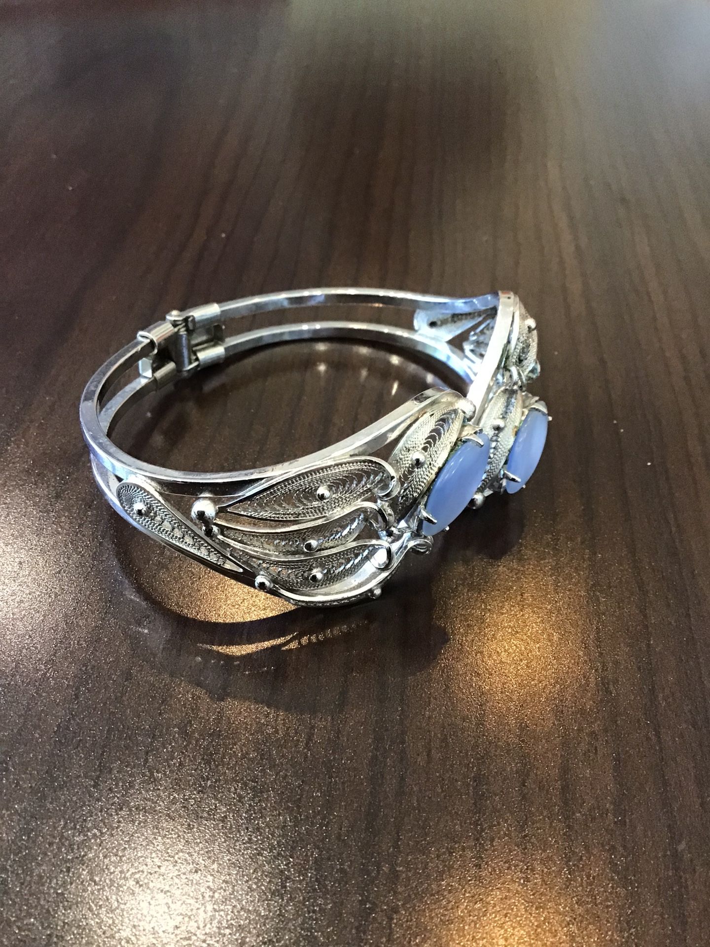 Elegant Sorrento Sterling, Italian Designer Clamper Cuff hinged filigree bracelet w/ blue stones, stamped “sterling”