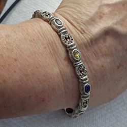 925 Silver Tennis Bracelet With Stones Blue Pink Amethyst Citrine All Stones Good And Marcasite Few Missing  Used Nice Heavy 23g