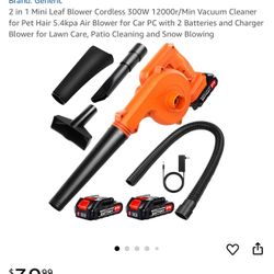 2 in 1 Mini Leaf Blower Cordless 300W 12000r/Min Vacuum Cleaner for Pet Hair 5.4kpa Air Blower for Car PC with 2 Batteries and Charger Blower for Lawn