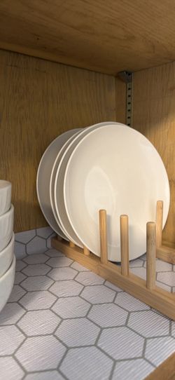 White Dish Set & Wooden Plate Rack