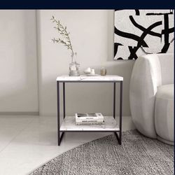 Faux Marble Side Table, White Marble End Table Small Coffee Table