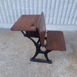 Antue Vintage Antique Collectible Child's School Desk Oak Wood  Black Cast Iron