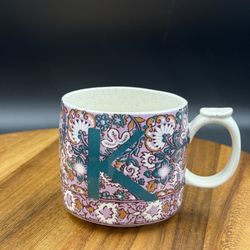 Anthropologie BLOCK PRINT Monogram Mug Letter "K" Floral Paisley THUMB REST Tea