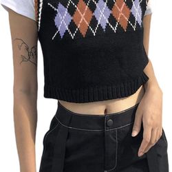 Yingzhen Women's Knit Sweater Vest Y2K Argyle Plaid E-Girls Preppy Style 90s Sleeveless Crop Knitwear Tank Top Streetwear