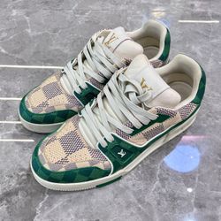 Trainer leather strap low-top fashion sneakers men's white green.