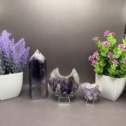 Hand Carved Natural Dream Amethyst Moon 185g, 3.2”, Tower 446g 5.1”, Heart 58g 1,7”