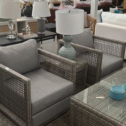 Pair Of Chairs & Side Table For Outdoors- New Set- Rattan Gray- Delivery 