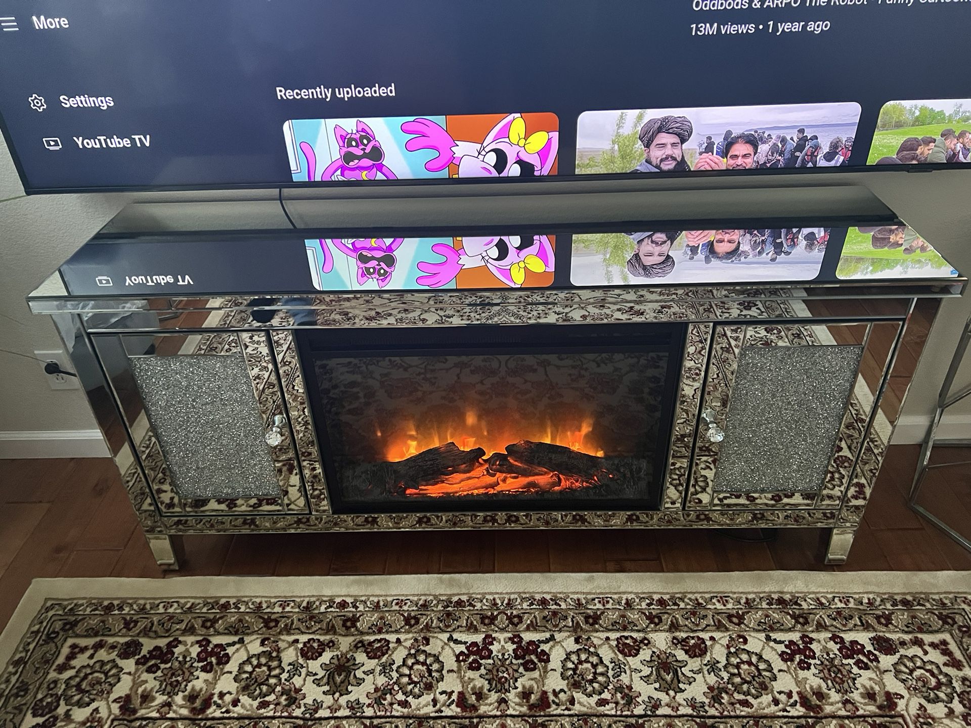 Mirrored Tv Stand With Fireplace And 2 Cabinets 