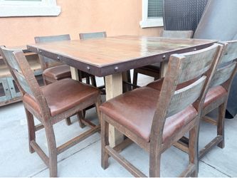 Rustic Industrial Counter Height Dining Table with 6 Chairs included