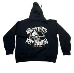 As*holes Live Forever Nobody Cares Hoodie Large Black Skeleton Drinking