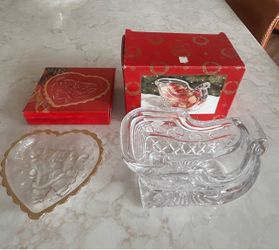 Christmas Glass Sleigh Dish and Heart Plate Set