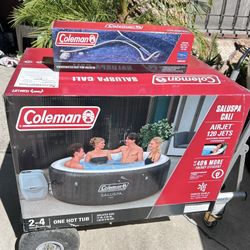 Combo: Coleman 71" x 26" Cali EnergySense AirJet 4 Brown Wicker Round Inflatable Hot Tub with 2-4 Person with Pump #P08411 Coleman Underwater Spa Vacu