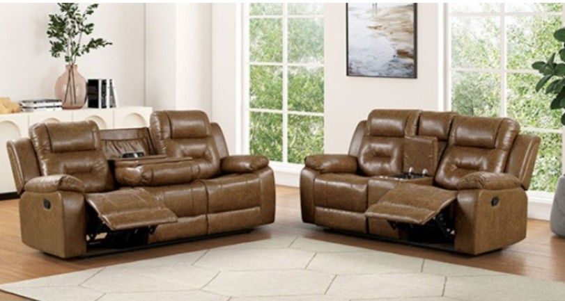 Brand New Brown Leather Reclining Sofa & Loveseat