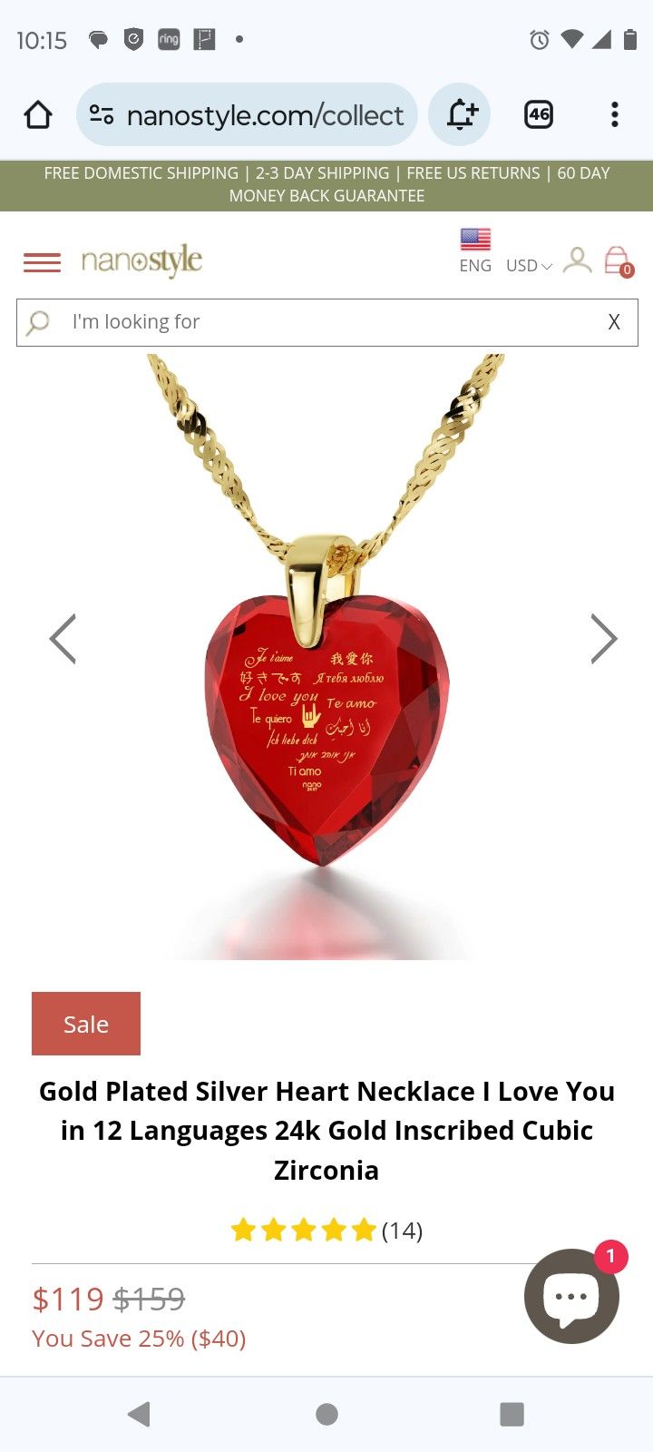 Gold Plated Silver Heart Necklace I Love You in 12 Languages 24k Gold Inscribed Cubic Zirconia

