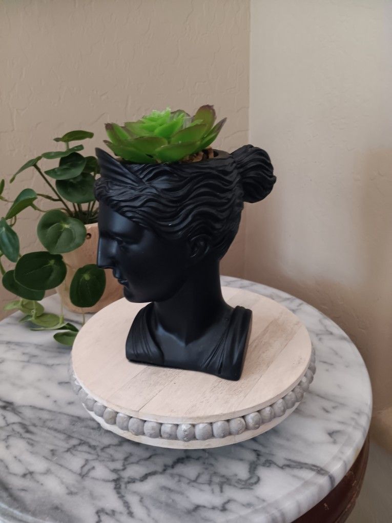 $7 Greek Godess, Polyresin with Artificial Succulent.