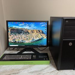 HP Z420 Workstation PC + 23" Monitor Intel Xeon CPU 16GB RAM 1.25TB SSD + HDD 4 x HDMI W11