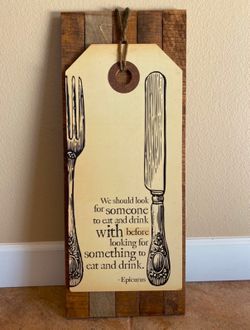 🍴Rustic Wood Sign Epicurus Food Quote Fork Knife