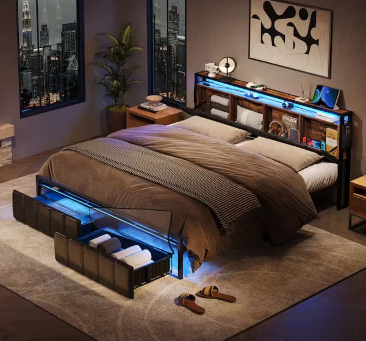 Brown Metal Frame King Size Platform Bed with Charge Station and Storage Headboard and Drawers Rustic