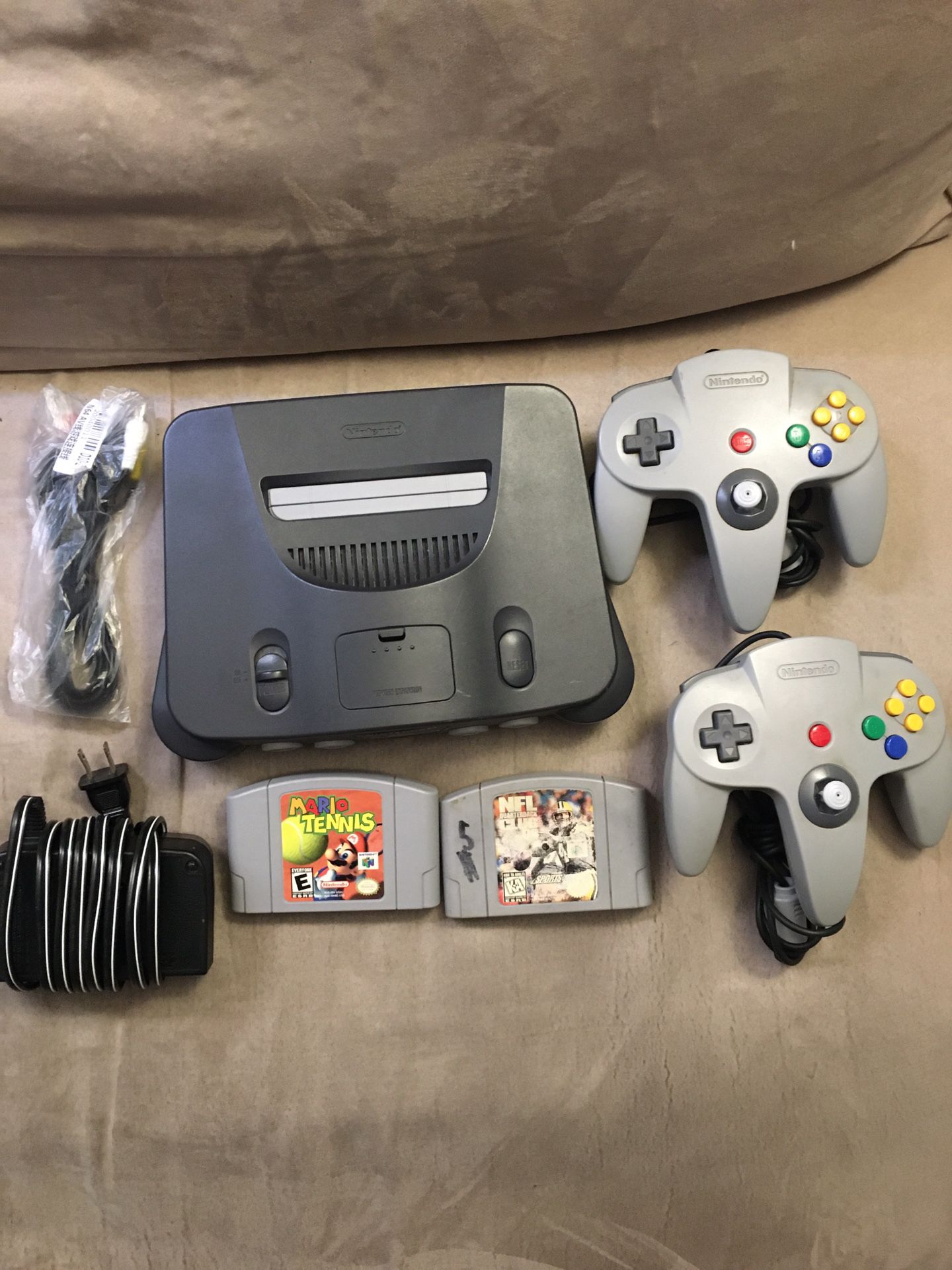 N64 Bundle Two OEM Controllers + Mario Kart Tennis And NFL Quarterback Club 99 OEM Power Cable Brand New 3rd Party AV Cable