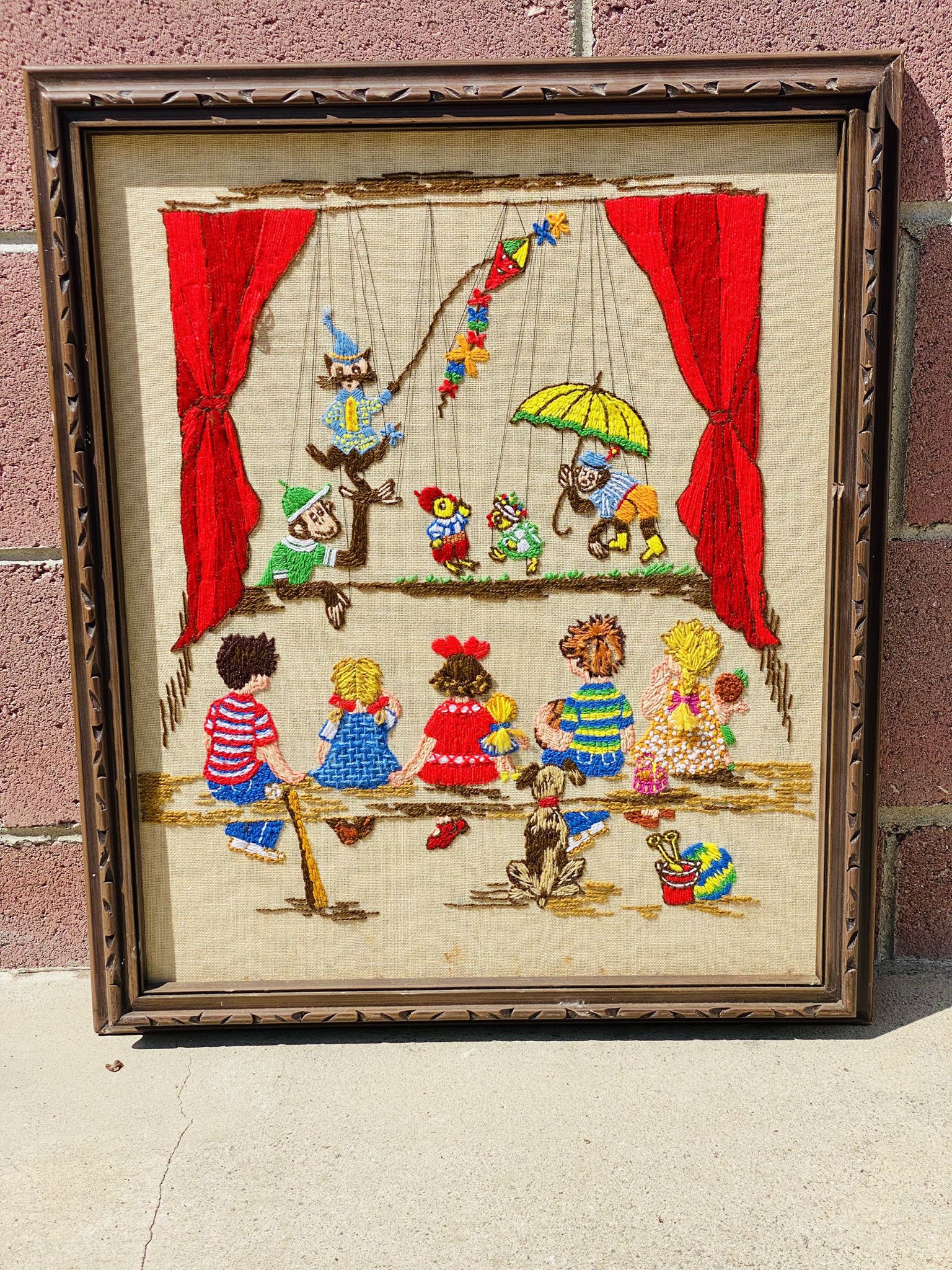 Large Vintage Crewel Puppet Show Wall Art 1977