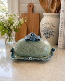 Vintage Ceramic Butter Dish with Rose Lid