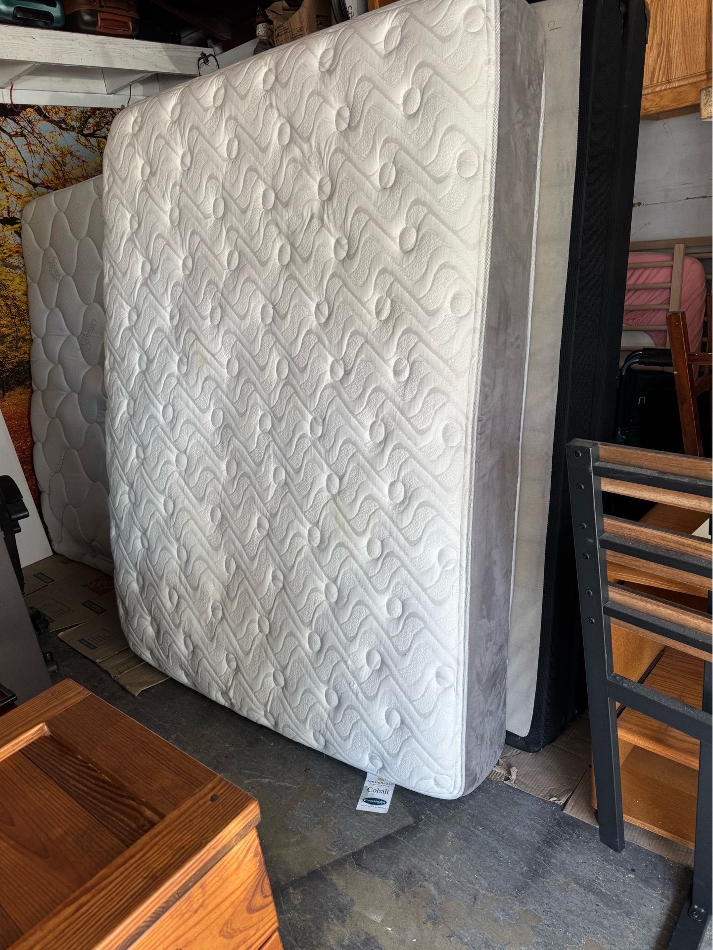 Newer premium 12” Englander queen mattress $150, thin 5” box spring $60, metal bed frame $35