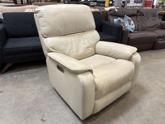 Ivory Topstitched Leather Rocking Power Recliner with Adjustable Headrest
