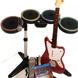 PS5 PS4 Complete TESTED Rock Band 4 RIVALS Band Bundle Guitar Drums Mic Red