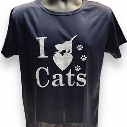 Description: Show off your love for cats with this adorable “I Love Cats” t-shirt. This navy blue tee features a bold white graphic design with a play