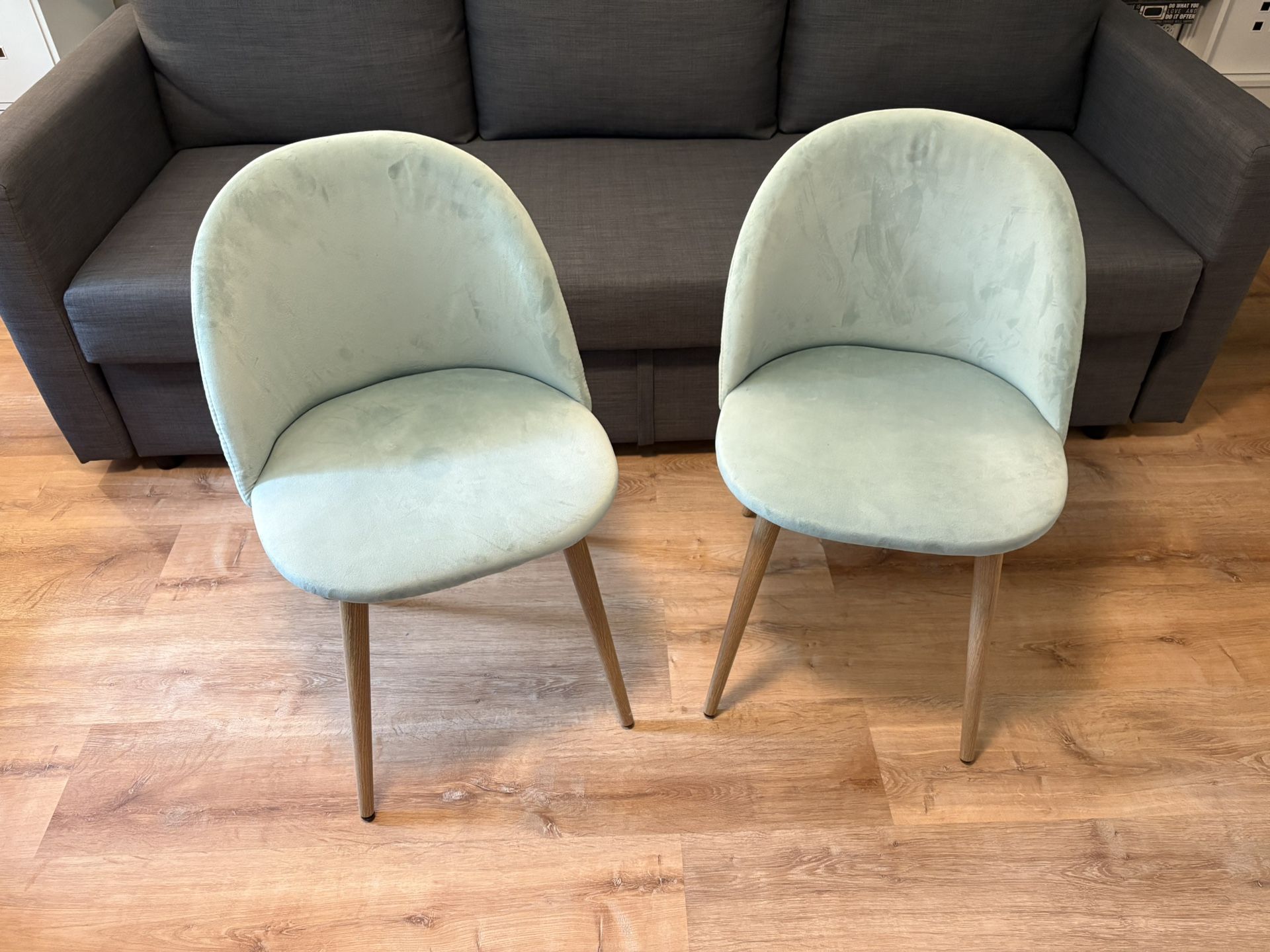 Two Velvet Fabric Chairs With Metal Legs