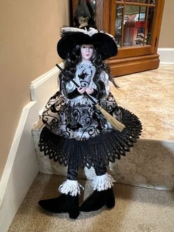Halloween sitting Witch Doll with Broom and Hat 24” tall black & grey