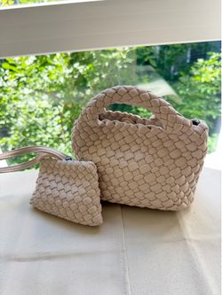 Off white handbag with coin purse and long strap