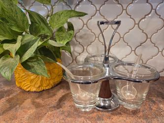 Glass Condiment Set with Chrome Caddy