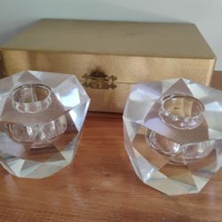 VINTAGE FACETED CUT GLASS CANDLESTICK HOLDERS 