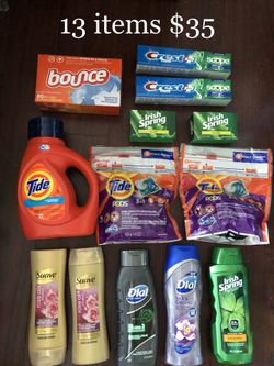 1 Tide Liquid: 32 Tide Pods (16x2); 1 Bounce; 3 Irish Spring; 2 Dial Body Wash; 2 Suave; 2 Toothpastes: 13 Items $35