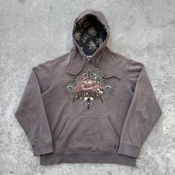 Vintage Y2K QUICKSILVER Surf Embroidered Patch Brown Pullover Hoodie Sweater RARE 