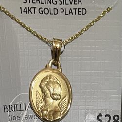 Sterling Silver 14KT Plated Cherub Medallion Pendant, 18" Chain