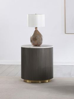 New Modern Round End Table | White Marble Top, Charcoal Reeded Drum Base & Gold Accent | Side Table for Sofa/Lounge