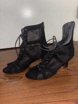 Black Mesh Lace-Up Kitten Heel Booties