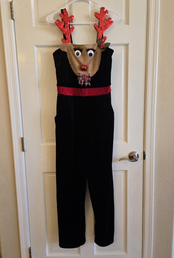 Women's Medium Christmas Rudolph Reindeer Black Velvet Overalls Ugly Sweater Party Dress Clothes