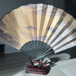 13”Chinese Wood & Silk Folding Hand Fan
